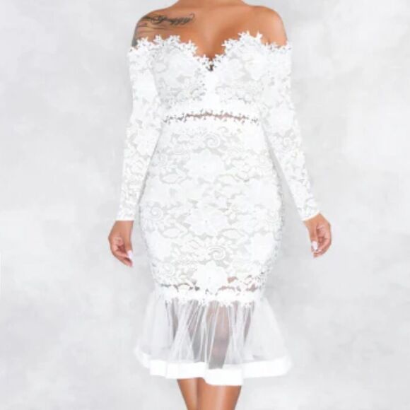 White Floral Lace Long Sleeve Off the Shoulder BodyCon Party Dress Size M *READ - Picture 1 of 14